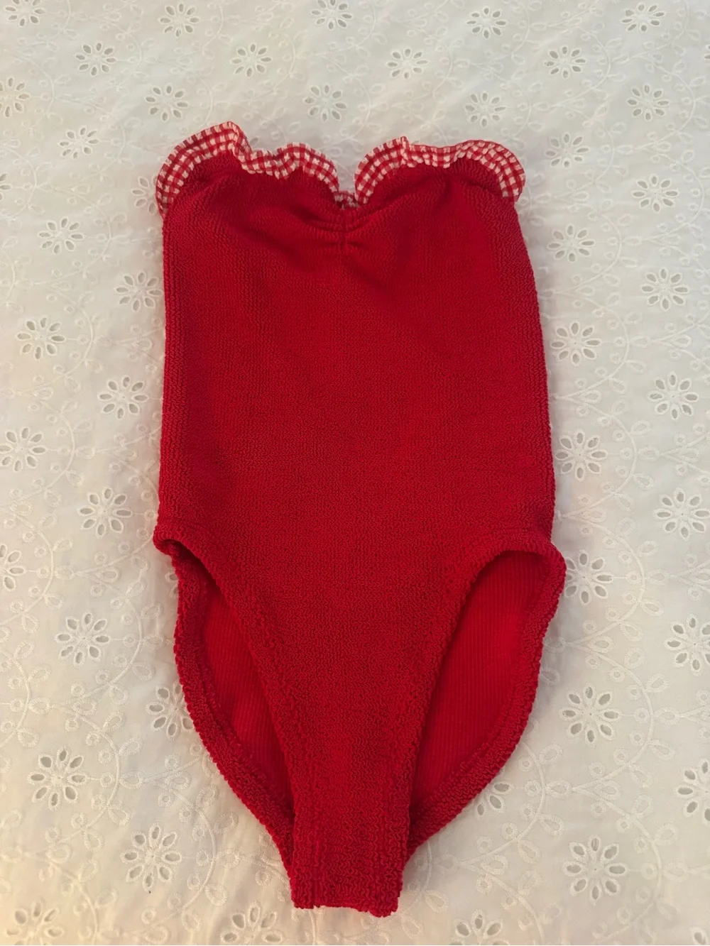 Hunza G Strapless Red One-Piece Swimsuit with Gingham Trim